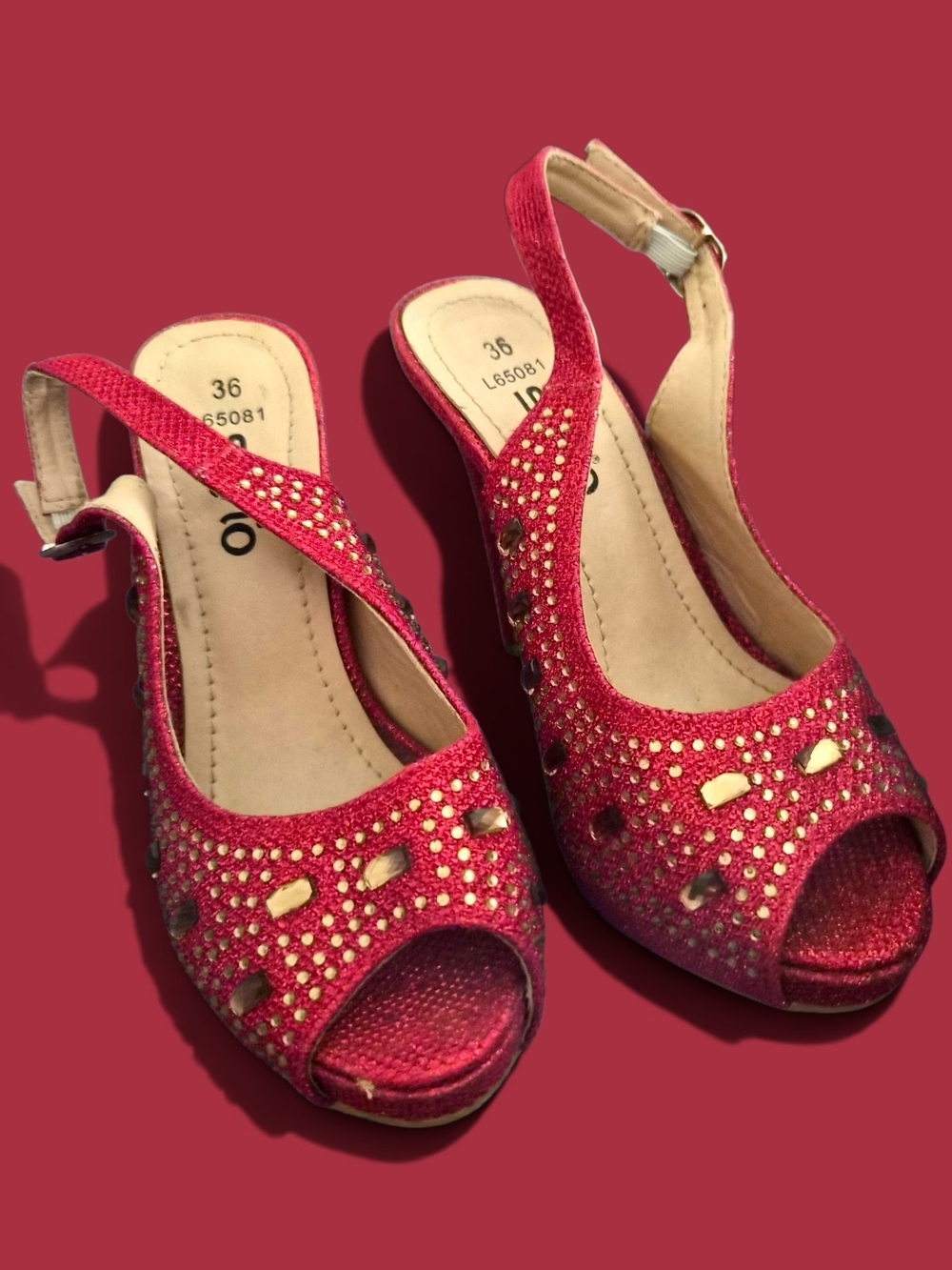 Stylo Red Glitter Rhinestone Platform Heels Slingback Peep Toe EU 36